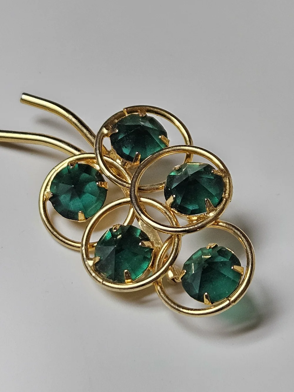 1960s Gold Tone Emerald Green Brooch Crystal Accents